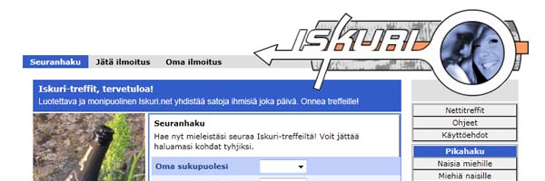 Iskuritreffit palvelun nettisivu