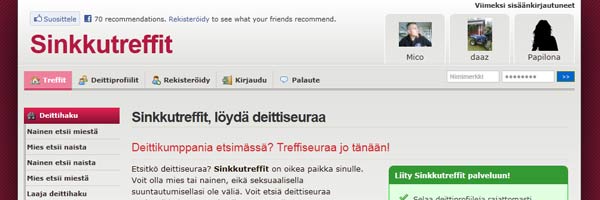 Treffipalvelu Sinkkutreffit.fi etusivu